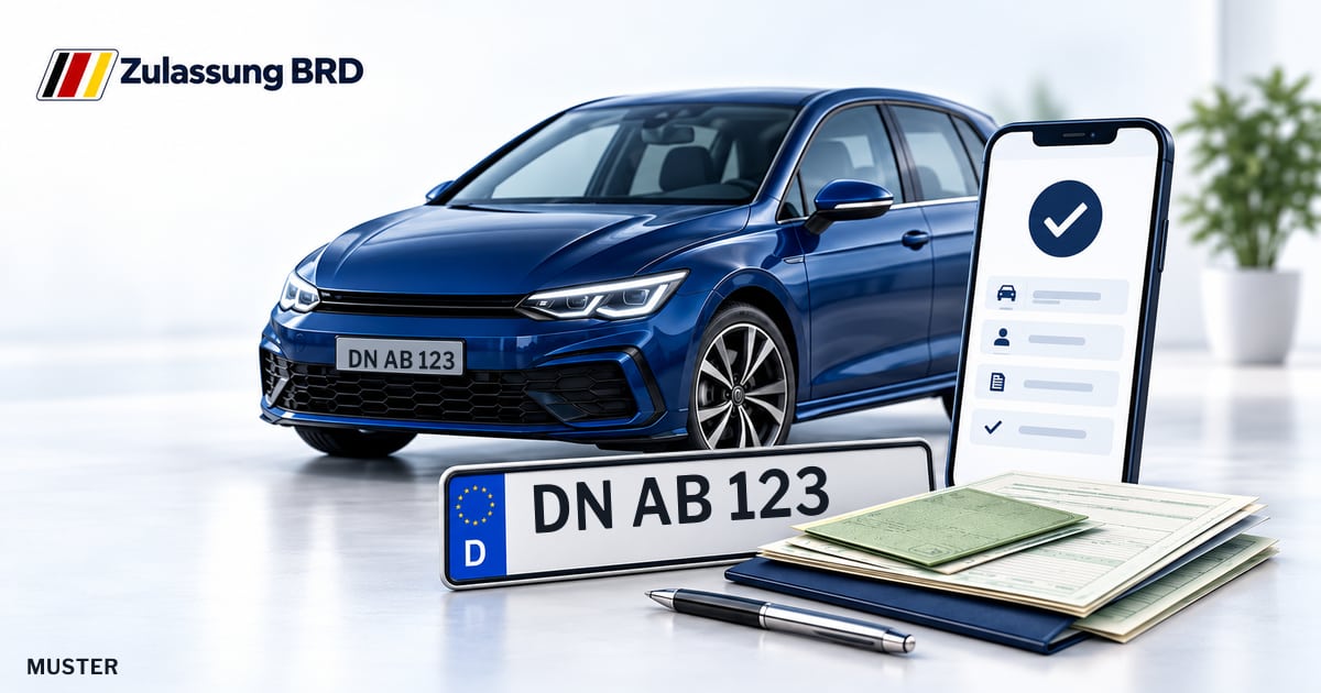 Online Fahrzeugzulassung in Langerwehe: Musterkennzeichen DN AB 123, Auto und Fahrzeugpapiere und Smartphone. Illustration mit Logo von Zulassung BRD.